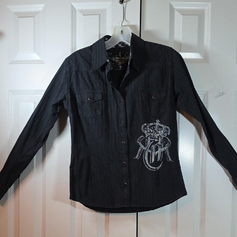 Rock & Roll Cowgirl Western Shirt Women Small Black Good Angel Wings Rhinestone